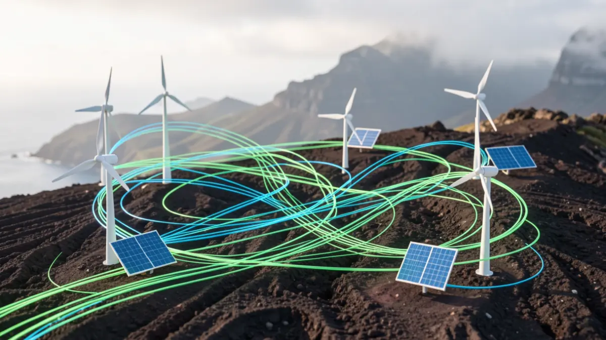 Abstract representation of renewable energy integration into the Canary Islands' electrical system, featuring wind turbines and solar panels against a volcanic landscape.