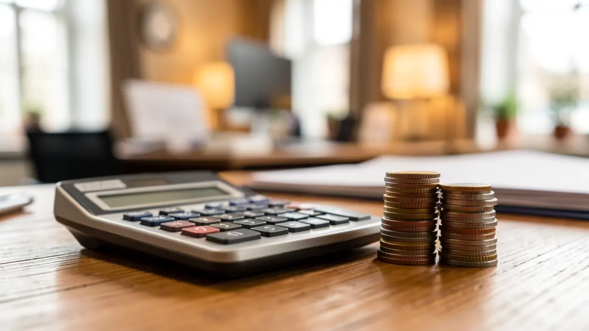 Generic image of financial elements like coins and a calculator on a desk.