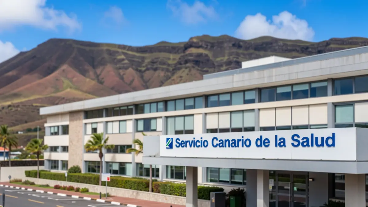 Generic image of a Canary Islands Health Service hospital with the volcanic landscape of the Canary Islands in the background.