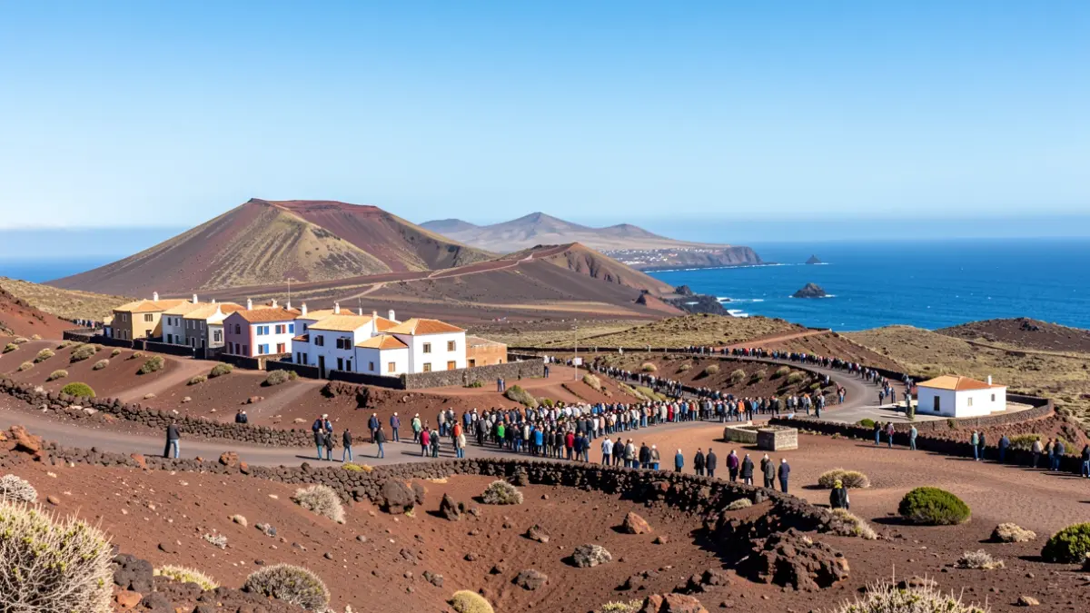 Paisaje volcánico canario con arquitectura tradicional y cielo azul claro, representando desarrollo y cohesión territorial.