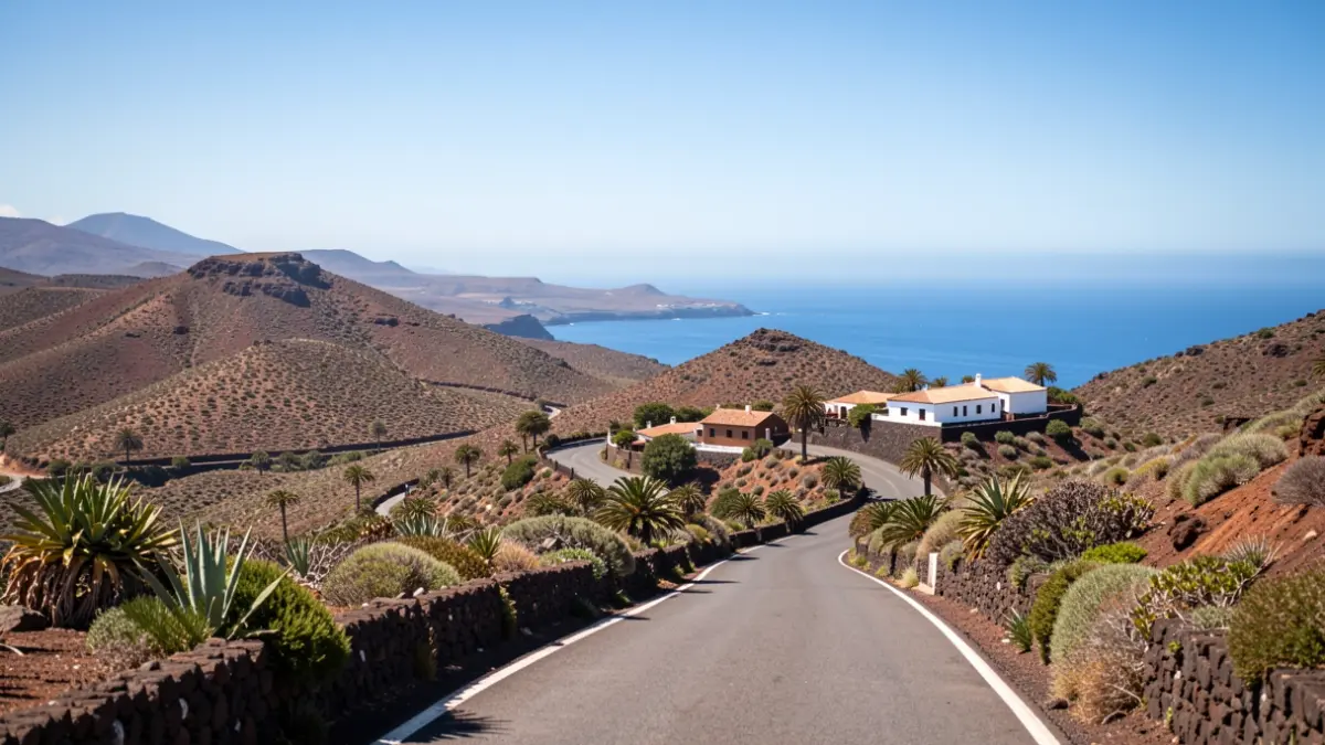 Volcanic landscape of the Canary Islands with subtropical vegetation and traditional architecture.