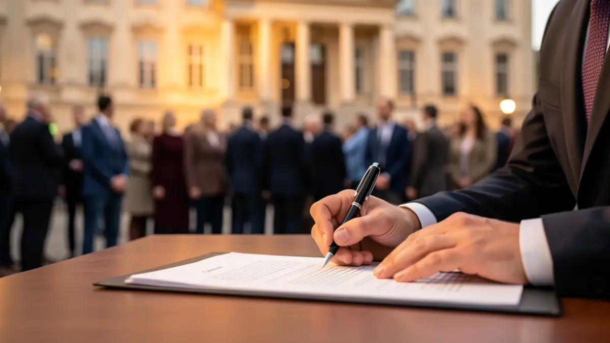 Manos de un funcionario firmando un documento oficial en un escritorio.