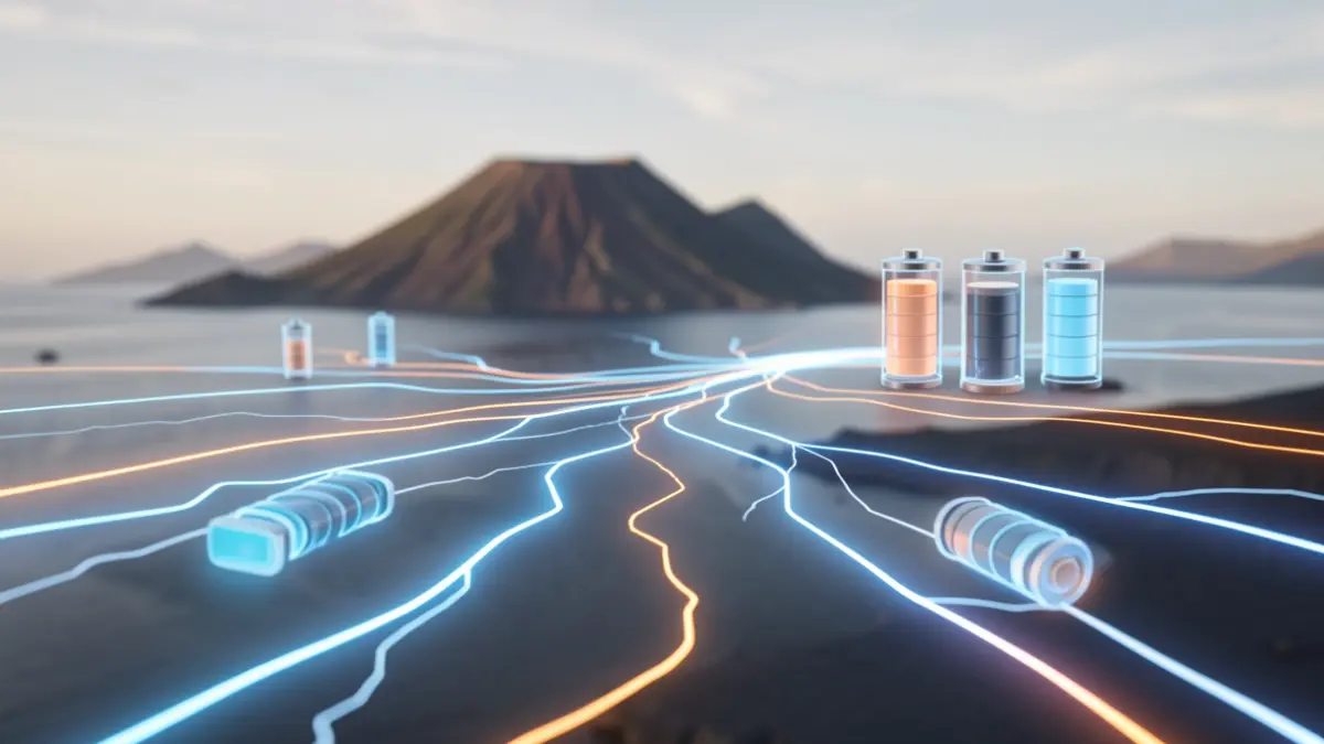 Abstract representation of electrical energy flow and storage with volcanic landscape elements.