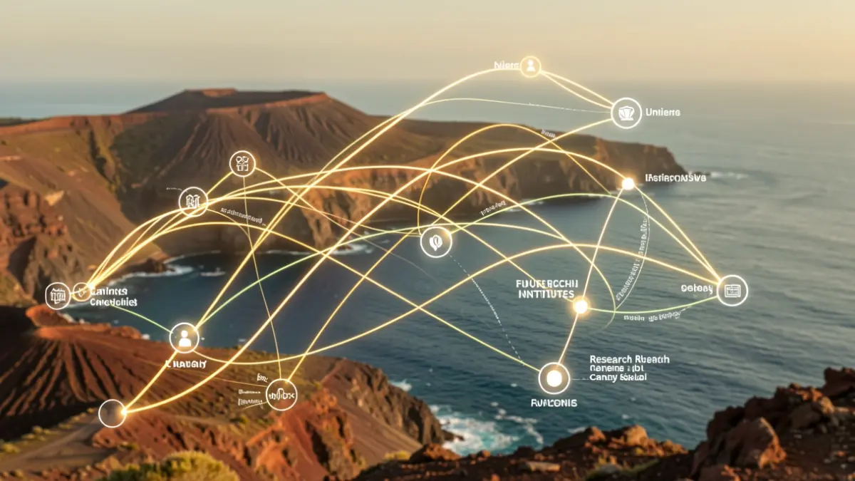 Representación abstracta de la financiación de la investigación científica en Canarias, con elementos del paisaje volcánico y oceánico.