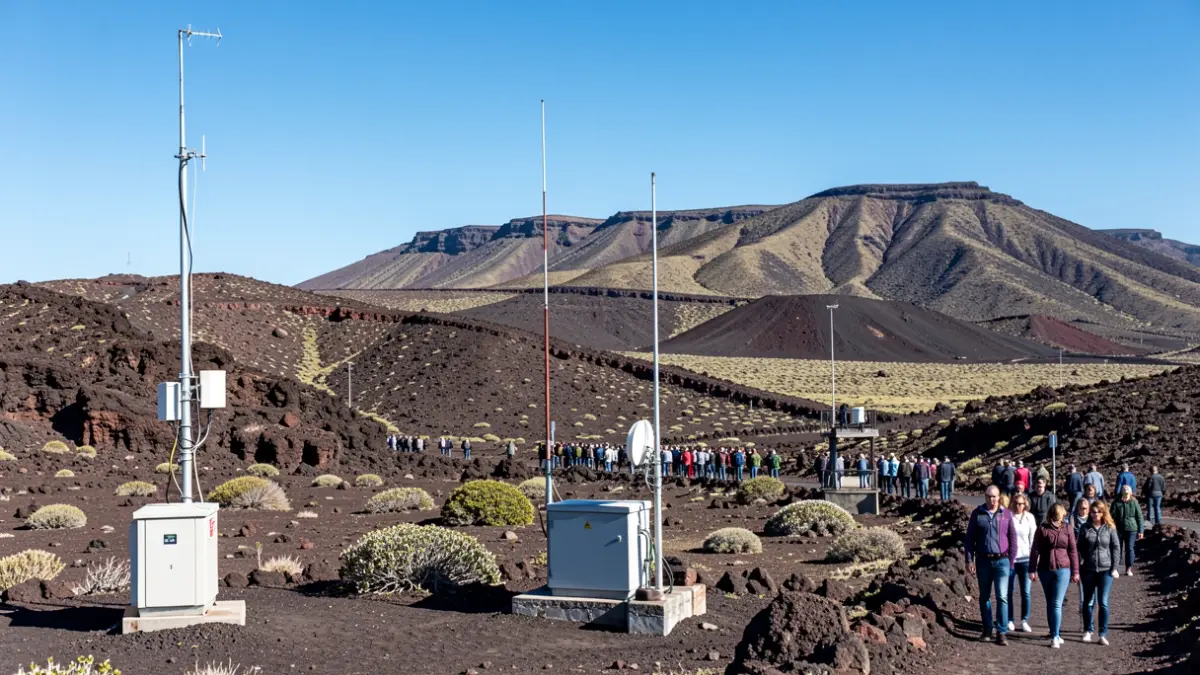 Generic image of a Canarian volcanic landscape with a seismic monitoring station.