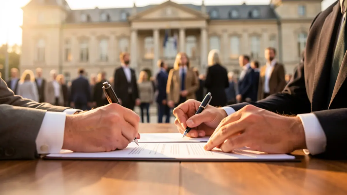 Image of official documents being signed in an institutional setting.