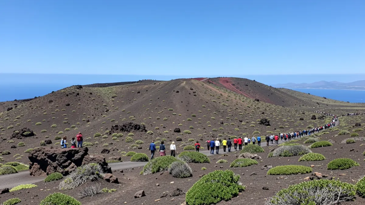 Generic volcanic landscape of Canarias with sparse vegetation and blue sky.
