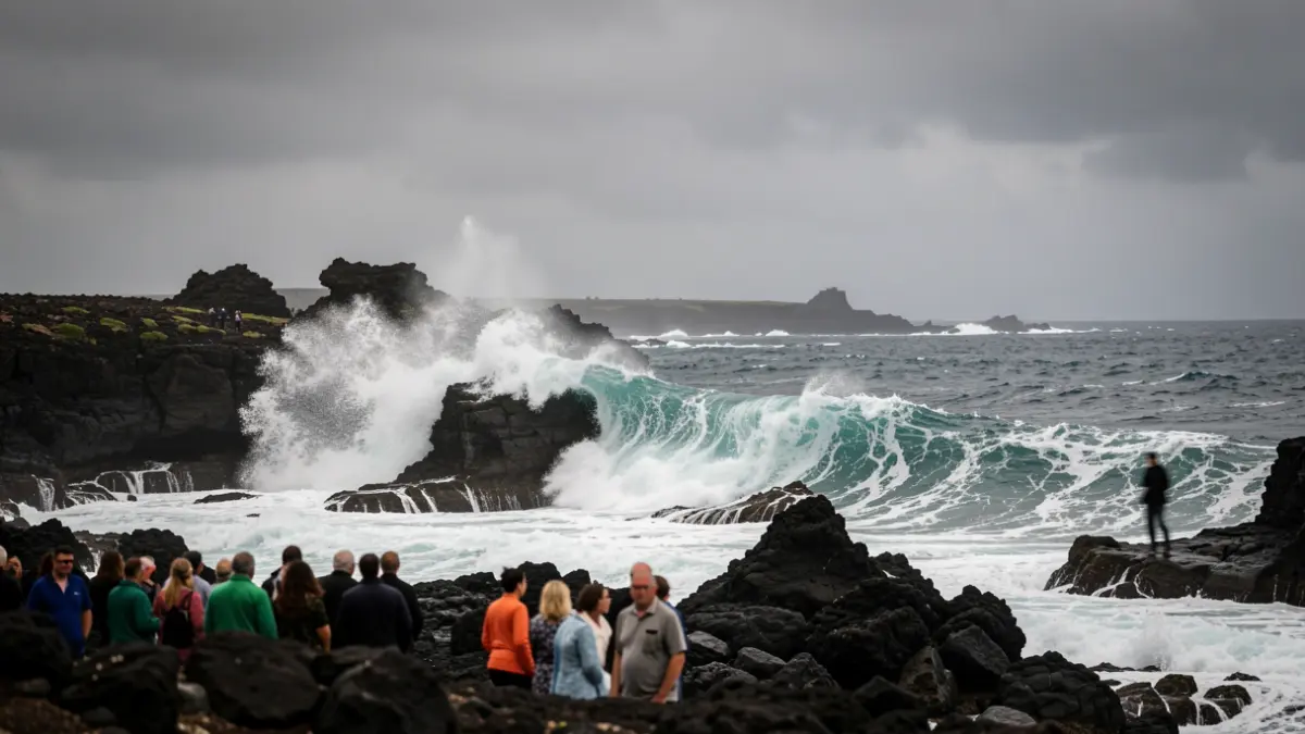 Generic image of waves breaking on the coast of the Canary Islands with an overcast sky.