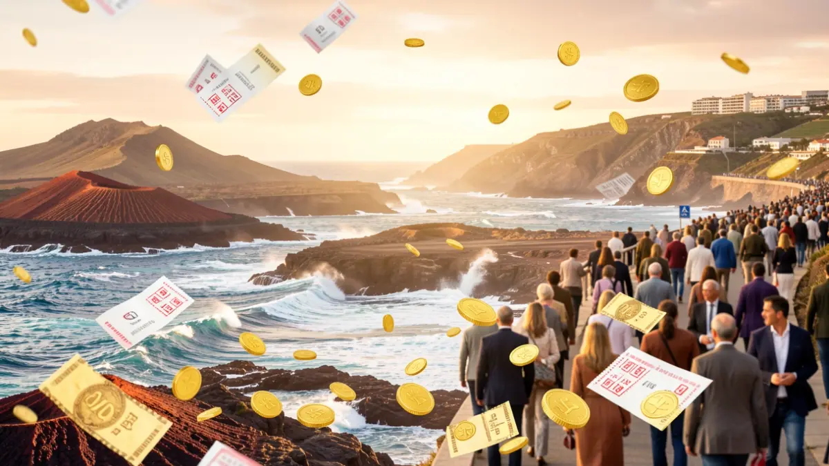 Imagen genérica de elementos de suerte y fortuna en Canarias, con detalles abstractos de paisajes volcánicos y monedas de oro.