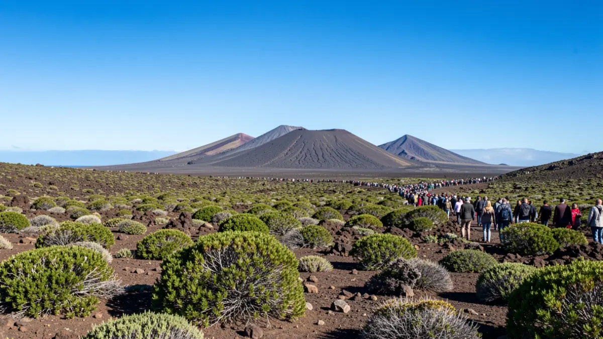 Generic image of the volcanic landscape of the Canary Islands with a clear sky and sparse vegetation.