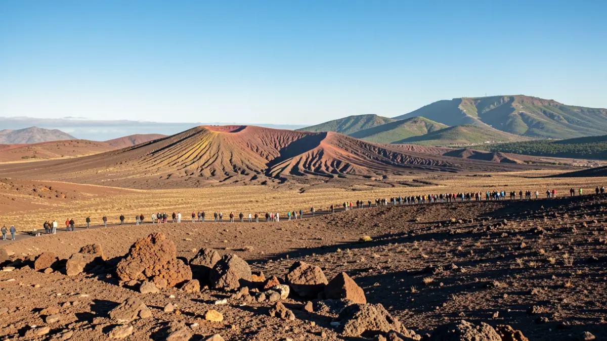 Paisaje volcánico genérico de Canarias con cielo azul y terreno árido.