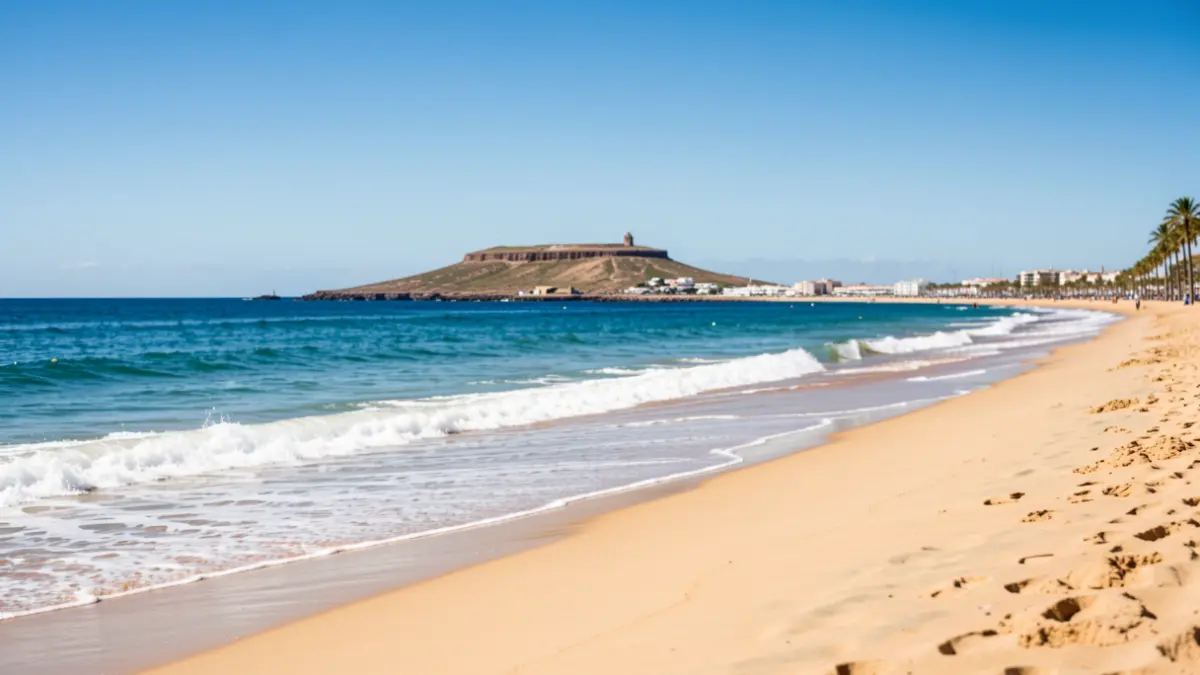 Las Canteras beach in Las Palmas de Gran Canaria, with the sea and La Isleta in the background.