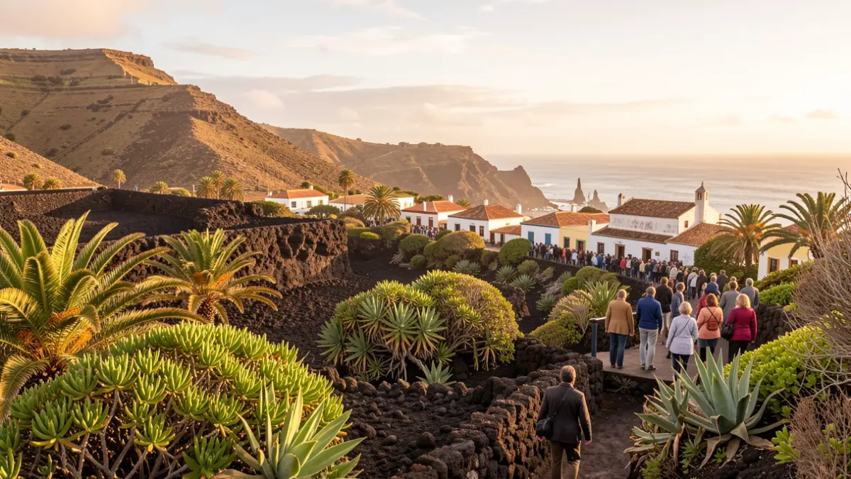 Paisaje genérico de Canarias con elementos volcánicos y arquitectura tradicional.