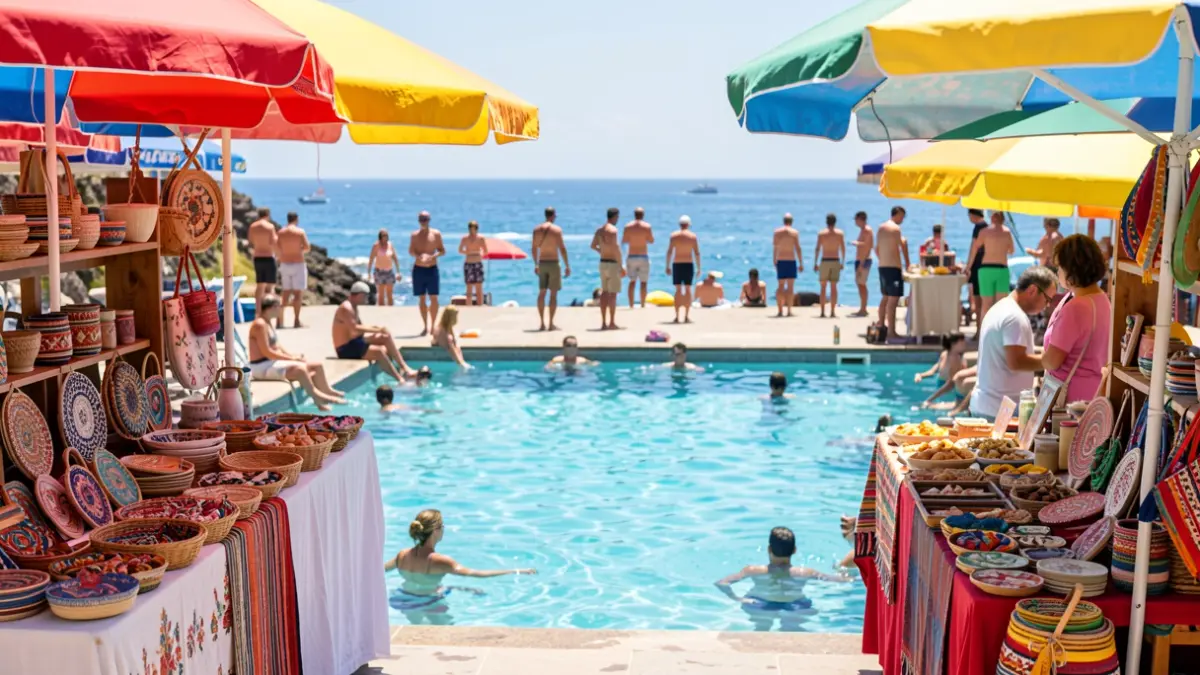 Imagen genérica de un evento de verano en las piscinas naturales de Bajamar, con puestos de comida y artesanía.