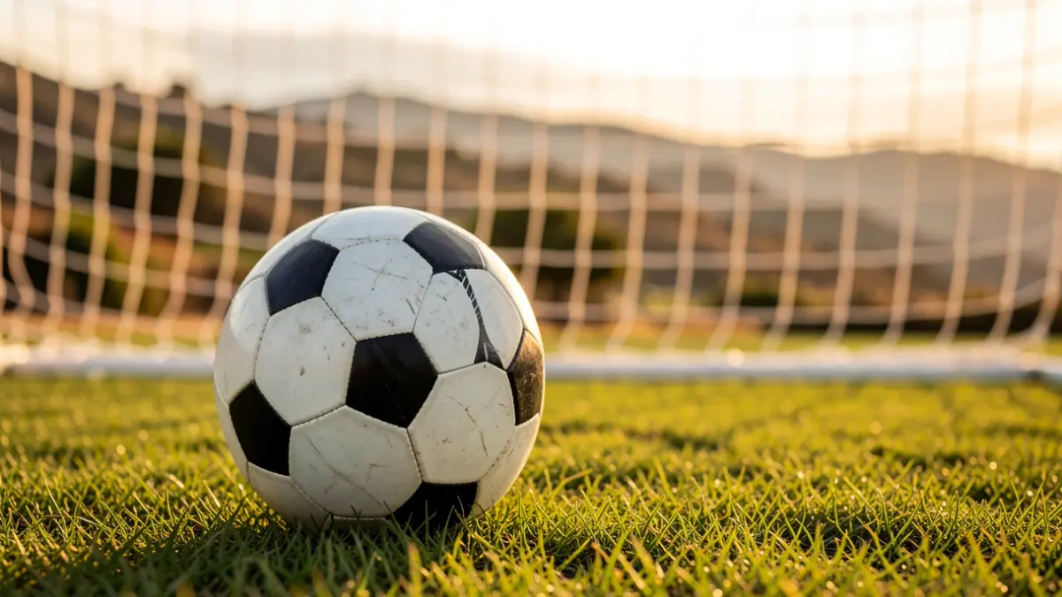 Generic image of a soccer ball on grass with a blurred goal net in the background.