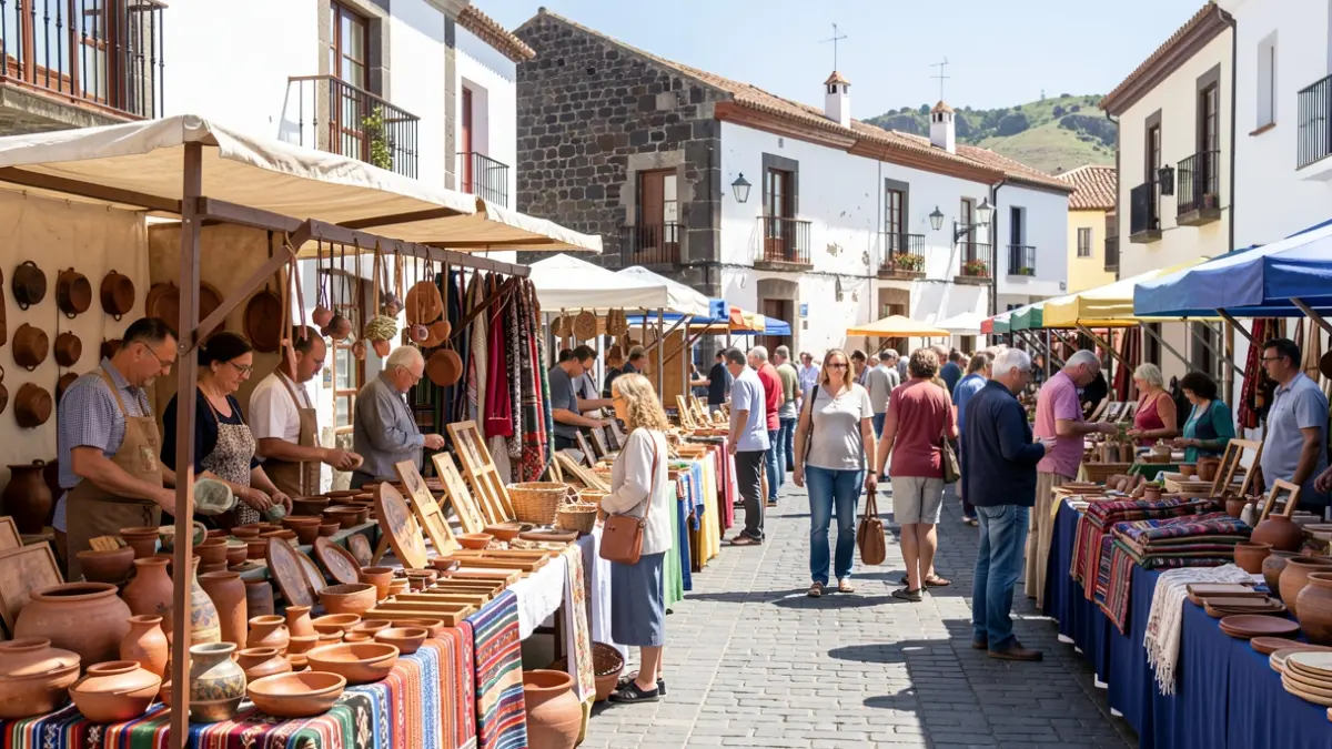 Generic image of an outdoor craft fair in a square with Canarian architecture.