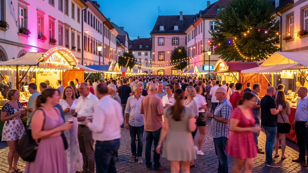 Imagen genérica de una fiesta popular al anochecer con gente y luces.