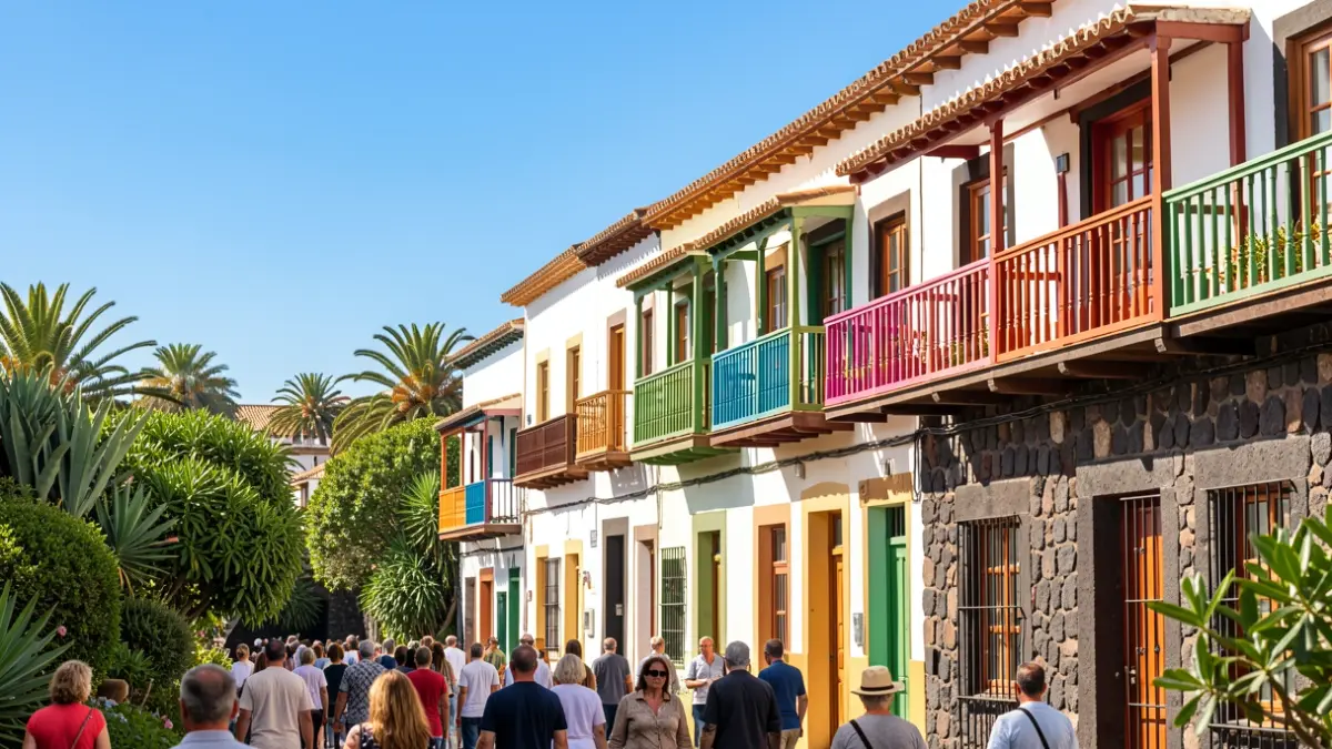 Facade of traditional Canarian architecture with colorful balconies and volcanic stone details.