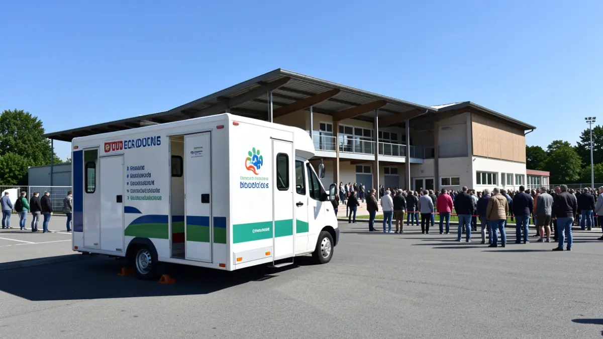 Mobile blood donation unit parked in front of a sports pavilion.