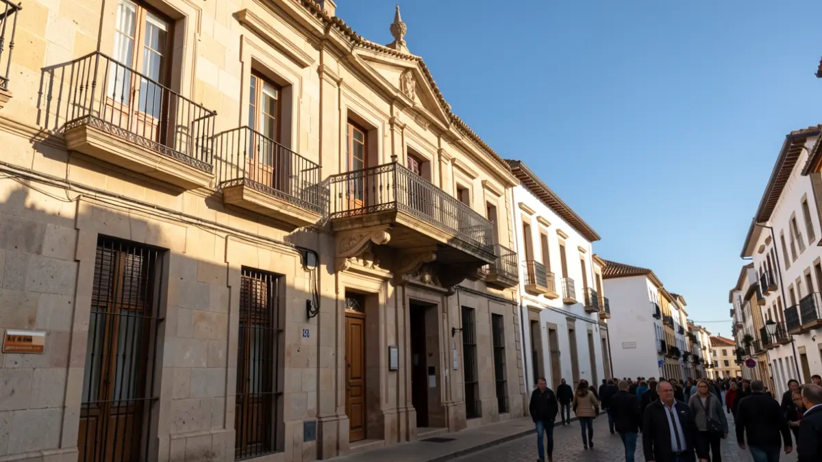 Facade of a Canarian town hall with a balcony and iron railings, afternoon sunlight.