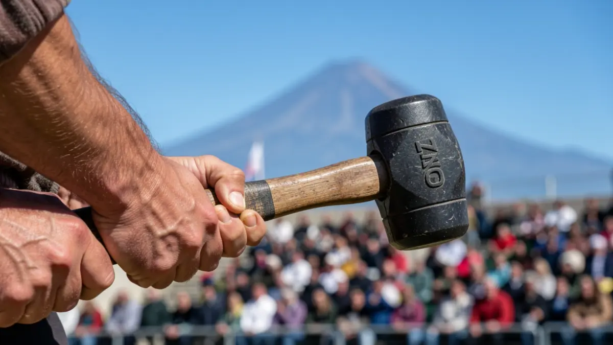 Primer plano de las manos de un lanzador de martillo sujetando el implemento, con el Teide al fondo.