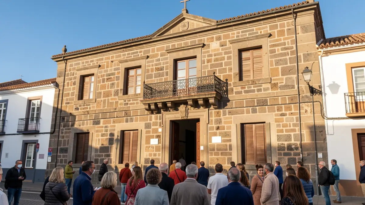 Fachada de un ayuntamiento canario tradicional con arquitectura de piedra y balcón ornamentado, bajo la luz del sol de la tarde.