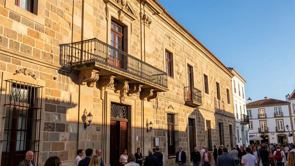Facade of a traditional Canarian town hall with a balcony and iron railings, under the afternoon sunlight.