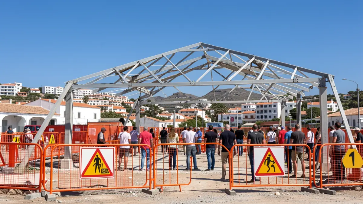 Zona de obras en el Mercadillo del Agricultor de Candelaria para retirar la cubierta de fibrocemento.