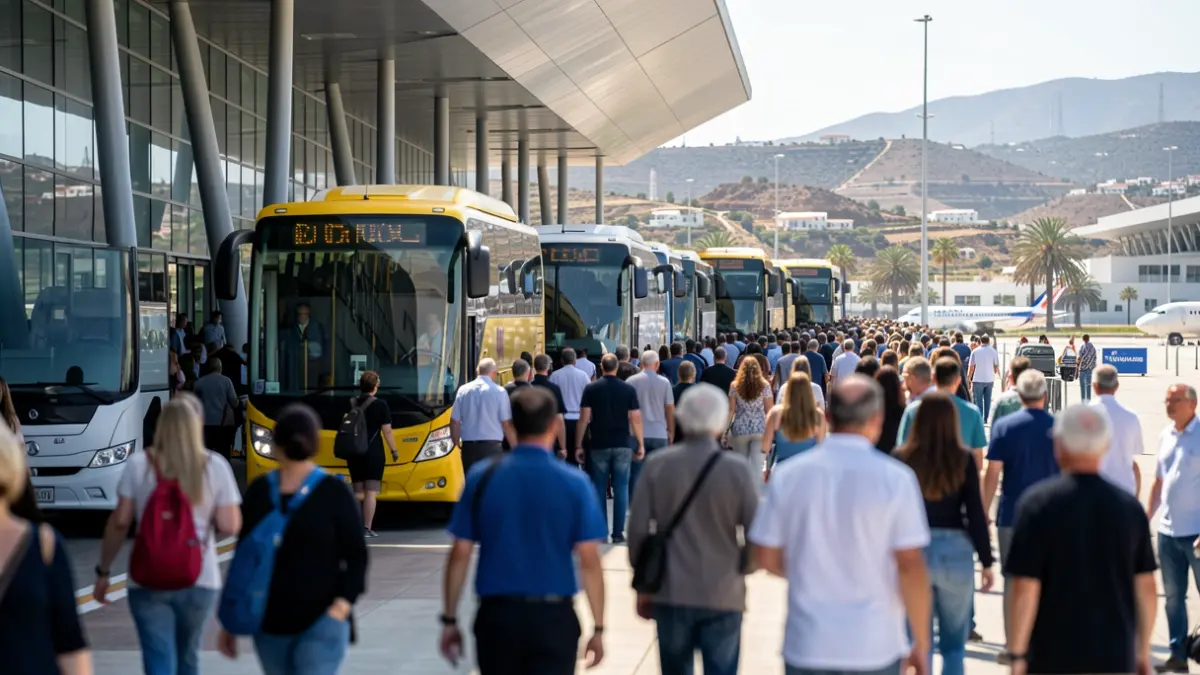 Imagen de autobuses turísticos acumulados a las puertas del aeropuerto de Tenerife Sur, con pasajeros esperando al sol.
