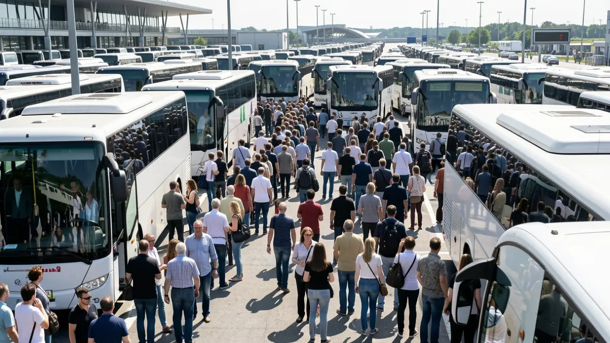 Imagen genérica de un atasco en la zona de autobuses de un aeropuerto bajo el sol.