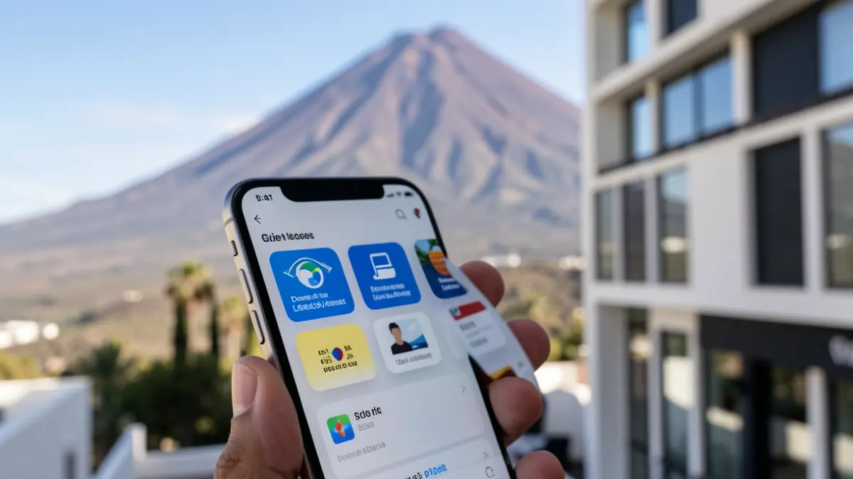 Imagen de un smartphone mostrando una cartera digital con iconos de carnet de conducir y DNI, con el Teide y un edificio moderno de fondo.