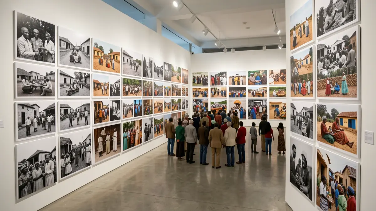 Exhibition 'Guardians of Memory' at Casa África, showcasing historical photographs from Saint-Louis, Senegal.