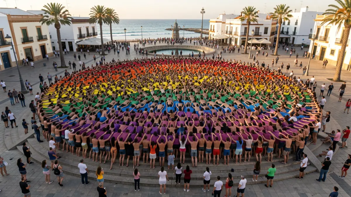 Image of the human rainbow flag created by Spencer Tunick in Santa Ana square at dawn.