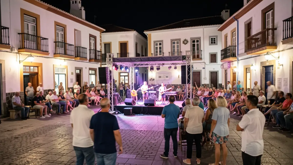Imagen genérica de una plaza canaria por la noche durante un concierto de música folclórica.