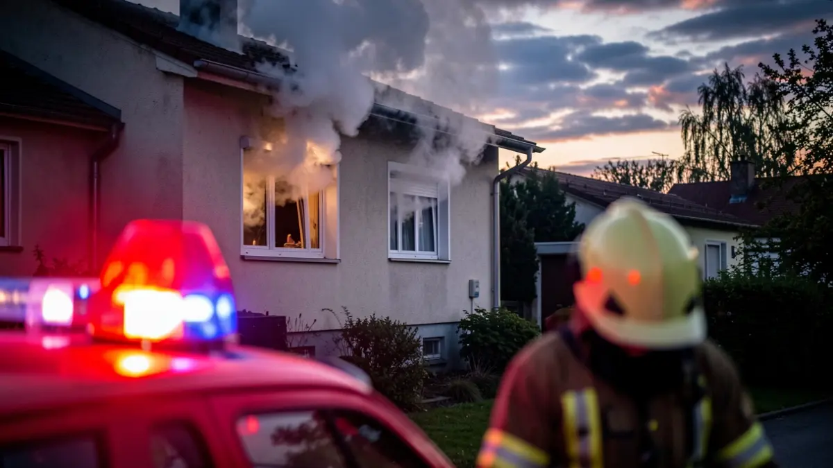 Building on fire with smoke coming from a dwelling and emergency lights.