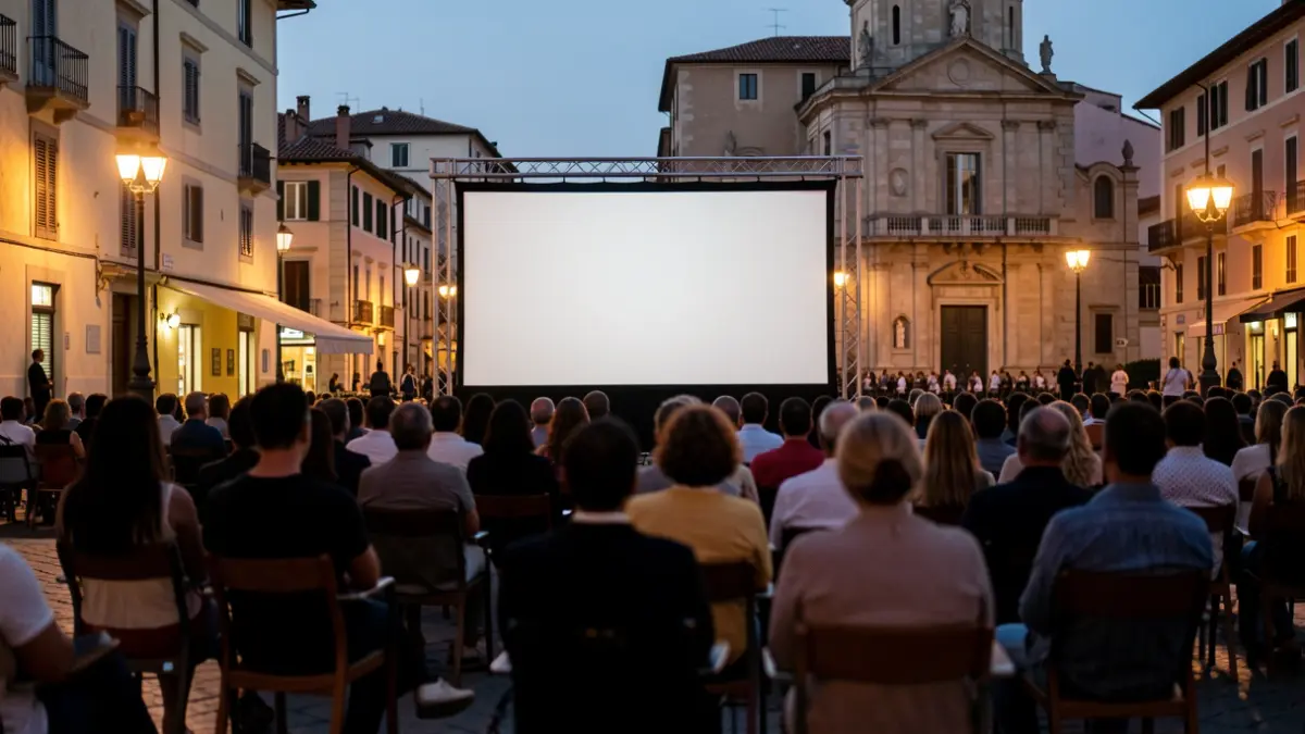 Outdoor cinema screen in a Santa Cruz de Tenerife square at dusk.