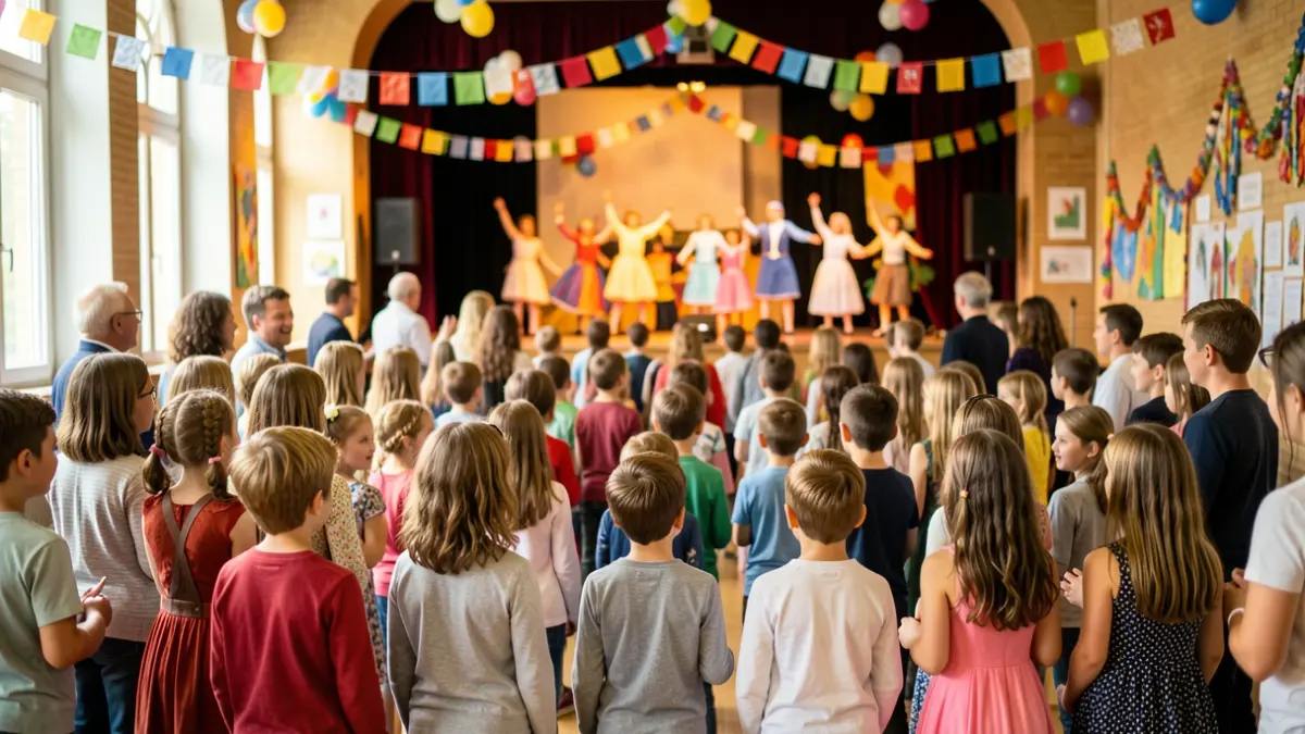 Imagen genérica de una fiesta de clausura escolar con niños y familias.