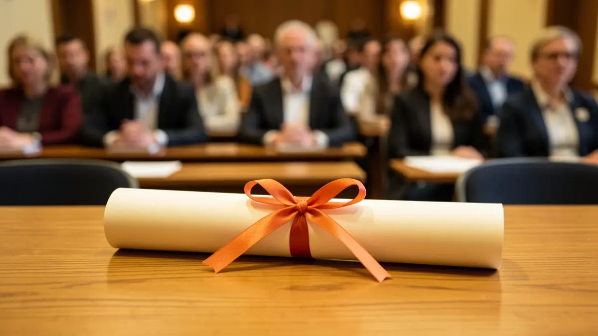 Primer plano de un diploma universitario enrollado sobre un escritorio de madera.