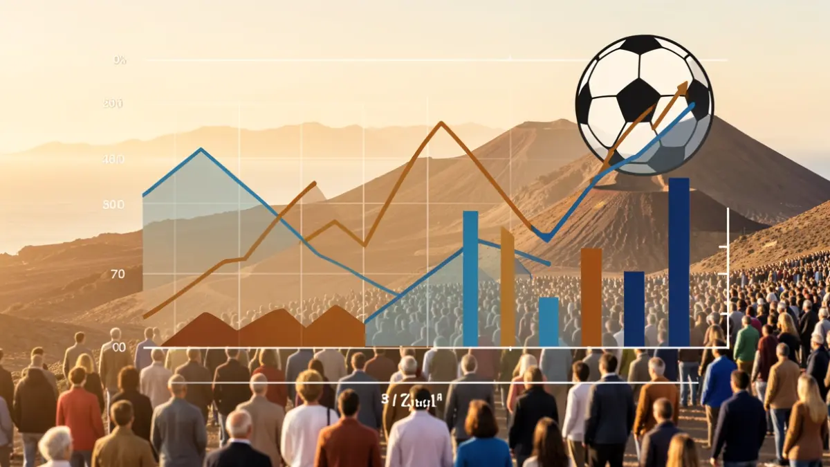 Sports statistics charts in the Canary Islands with a volcanic landscape background.