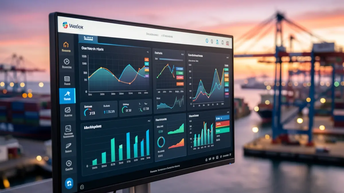 Digital interface displaying maritime data and artificial intelligence analytics in a port environment.