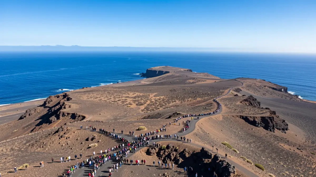 Vista aérea de la costa de Fuerteventura con paisaje volcánico junto al océano.