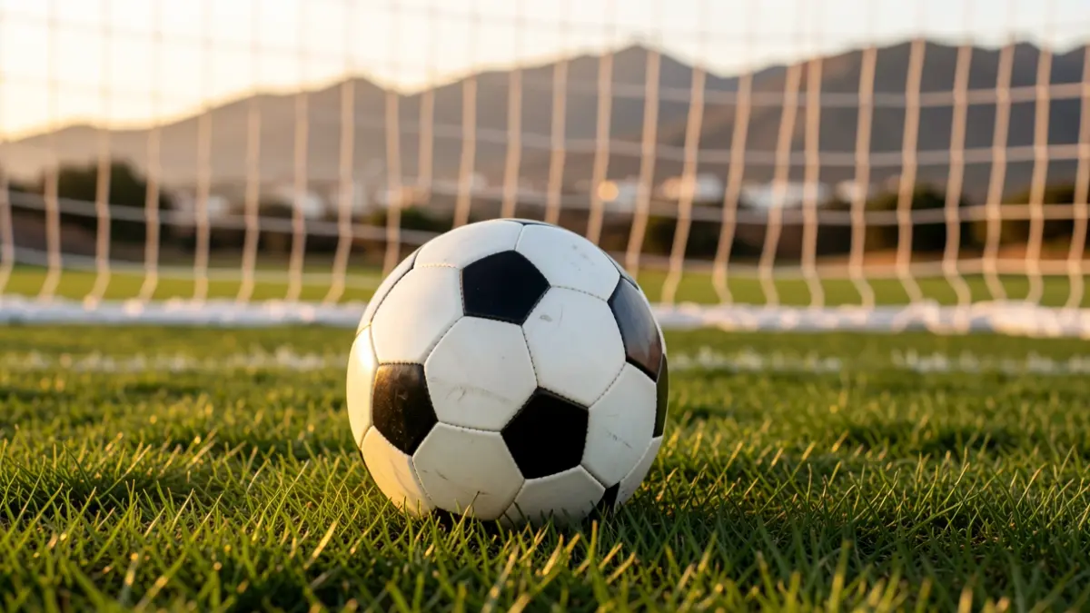 Imagen genérica de un balón de fútbol sobre césped con una portería desenfocada al fondo.