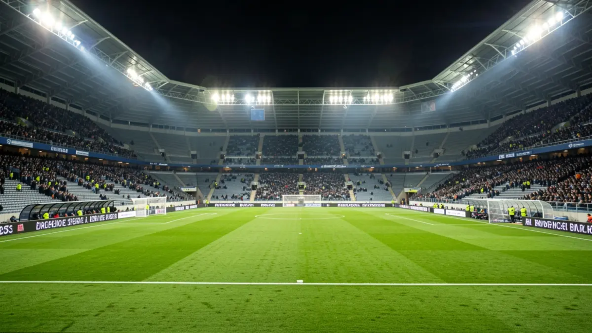 Generic image of an empty football stadium with grass and stands.