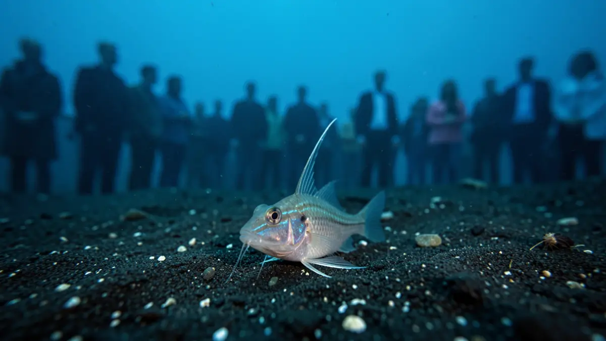 Close-up of a mesopelagic fish, Bregmaceros atlanticus, with an elongated dorsal ray, in deep waters.