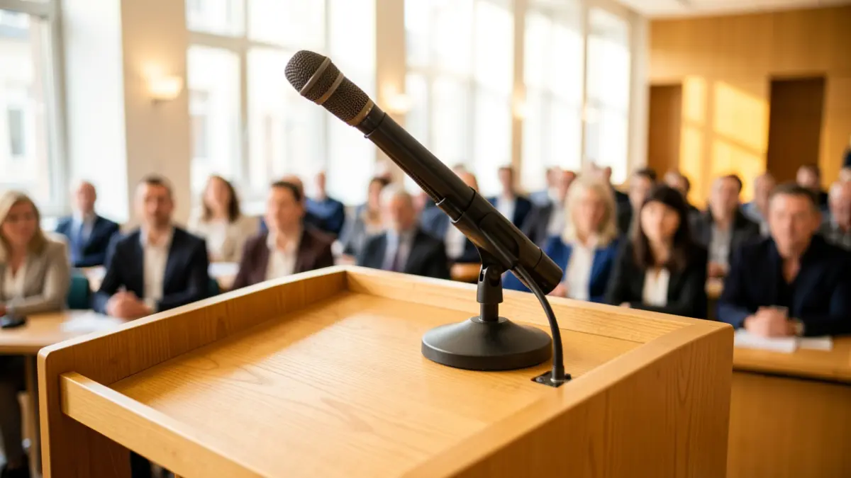 Image of a podium with a microphone in a meeting room, symbolizing political activity.