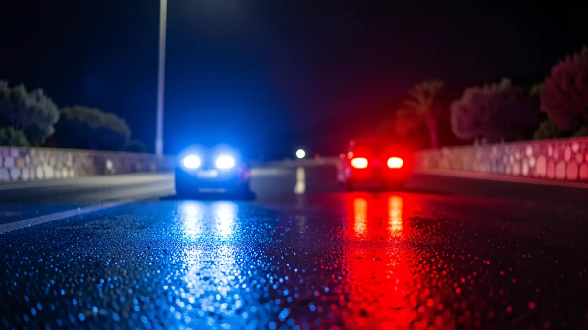 Generic image of emergency lights reflecting on asphalt during a night intervention.