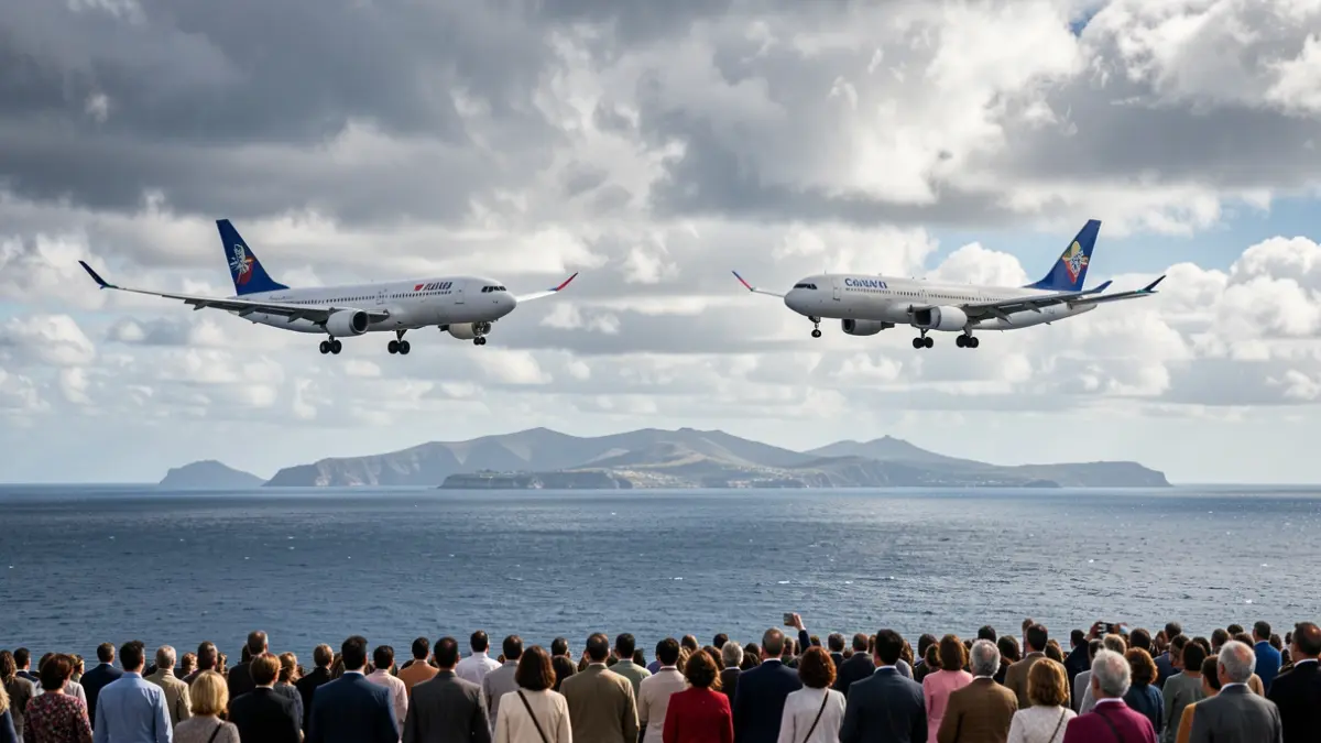 Imagen genérica de dos aviones comerciales volando a la misma altitud en direcciones opuestas sobre el océano Atlántico, con las islas Canarias al fondo.