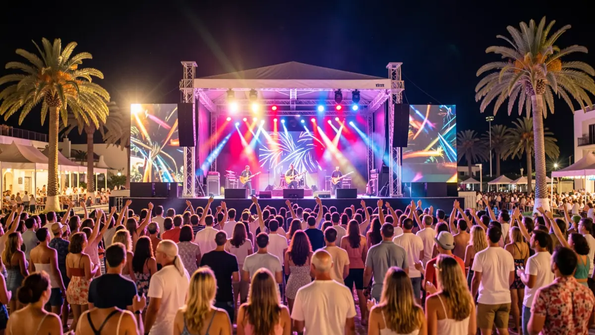 Generic image of a music festival stage at night in the Canary Islands, with colorful lights.