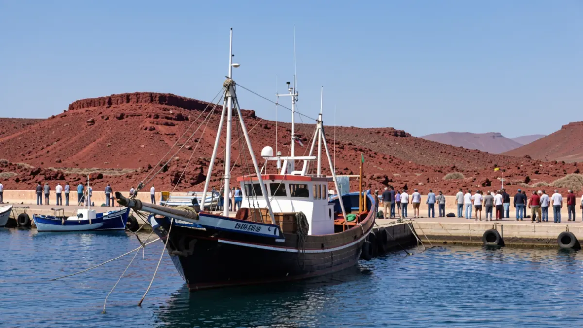 Traditional fishing boat at Muelle Chico in Corralejo, Fuerteventura, with volcanic landscape in the background.