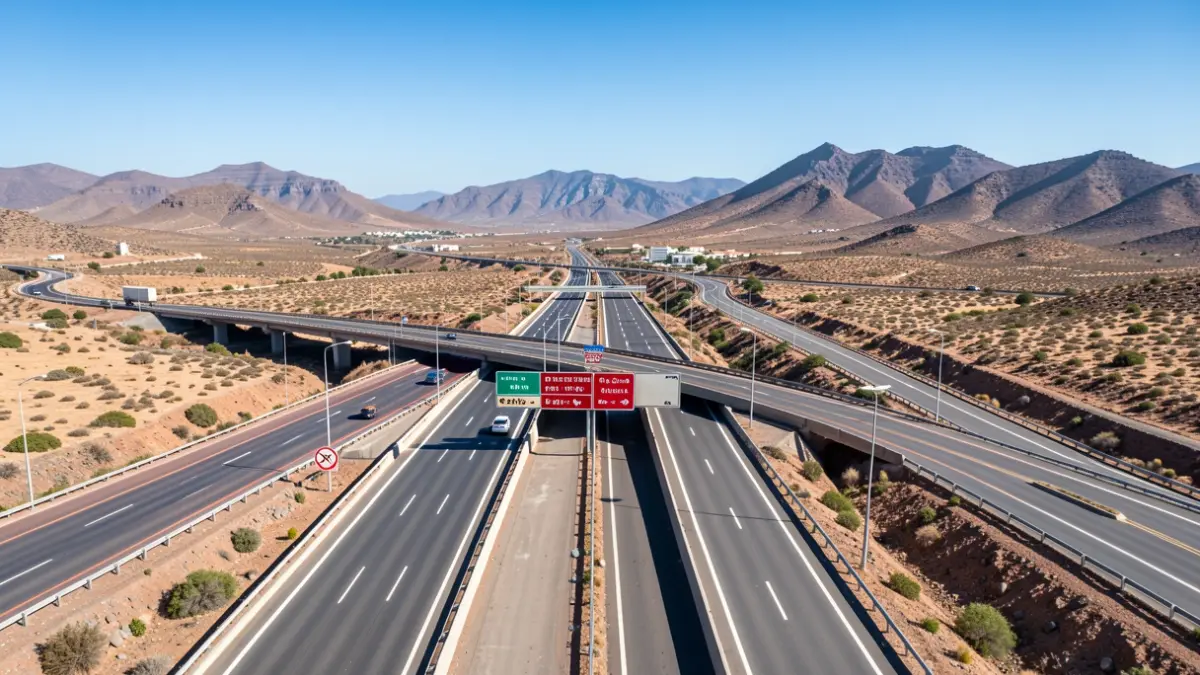 Aerial view of a large highway viaduct with multiple lanes, showing signs indicating road closures and diversions. The surrounding landscape is dry and mountainous, typical of the Canary Islands. The sky is clear blue.